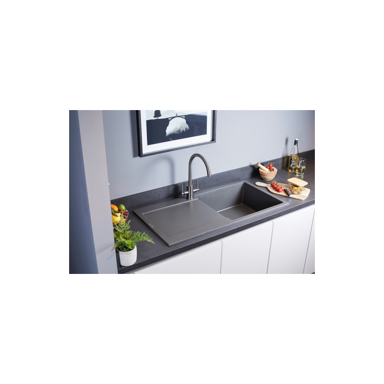 1 Bowl Inset Black Granite Kitchen Sink with Reversible Drainer - Essence 