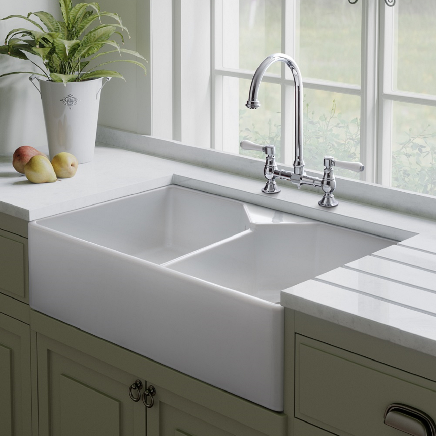 Rangemaster Double Bowl Undermount Belfast White Ceramic Kitchen Sink