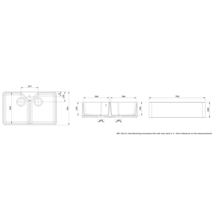 Rangemaster Double Bowl Undermount Belfast White Ceramic Kitchen Sink