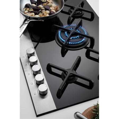 Fisher & Paykel CG755DWFCTB1 89269 Five Burner 75cm Gas-on-Glass Hob Black Glass Brushed Steel Front Strip