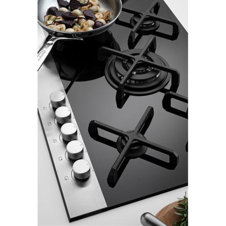Fisher & Paykel CG755DWFCTB1 89269 Five Burner 75cm Gas-on-Glass Hob Black Glass Brushed Steel Front Strip
