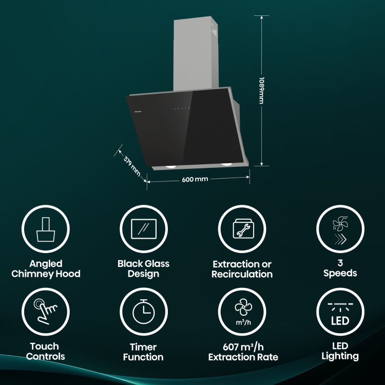 Hisense 60cm Angled Cooker Hood - Black