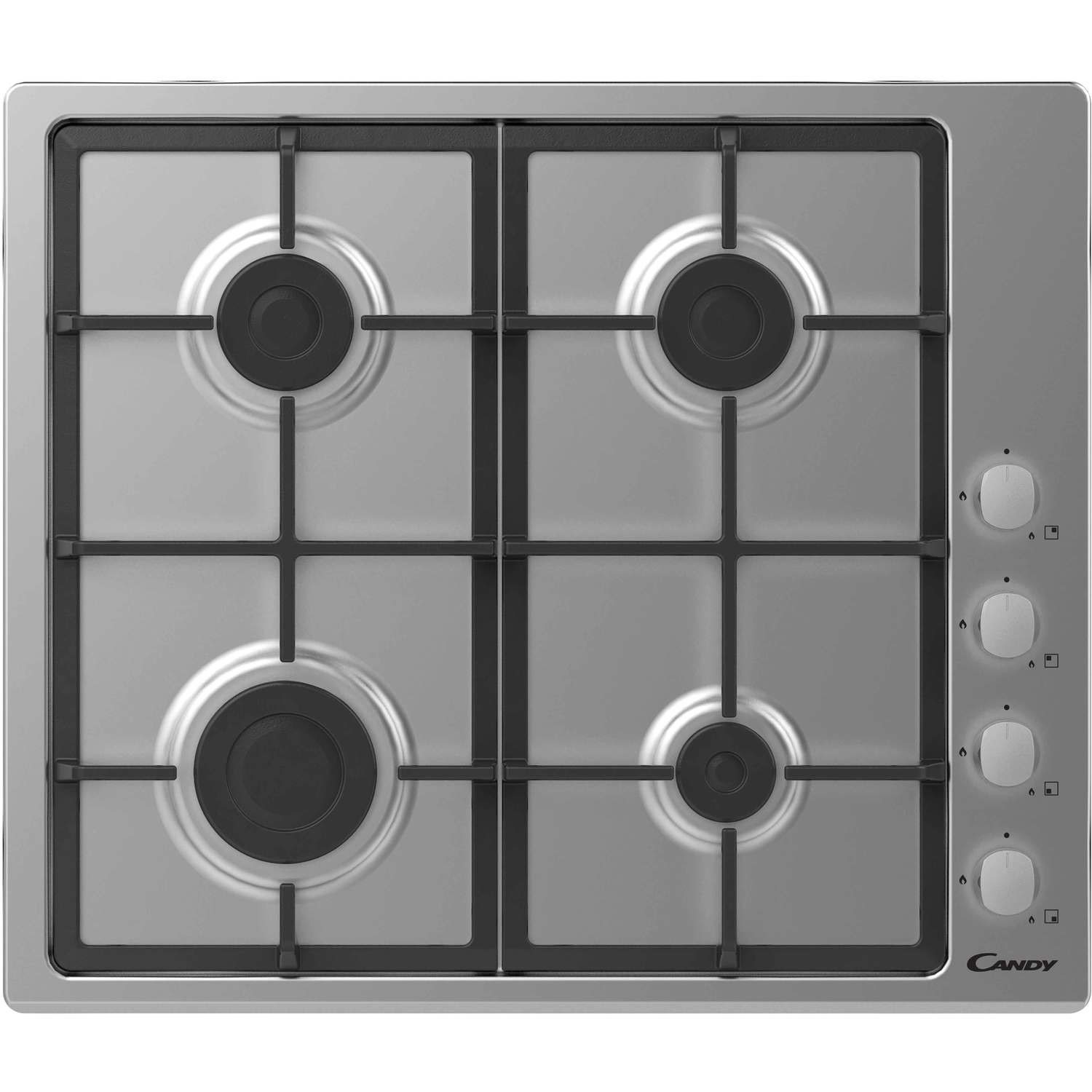 Candy 60cm 4 Burner Gas Hob with Cast Iron Pan Stands - Stainless Steel