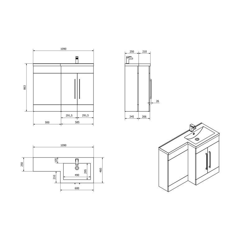 Anthracite Bathroom Vanity Unit Furniture Suite Right Hand - W1090mm - Includes Thin Edge Basin Only