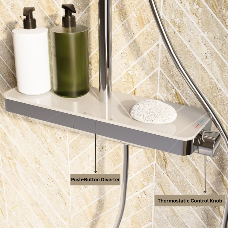 Chrome Thermostatic Mixer Shower Set with Push Button & Shelf - Mika