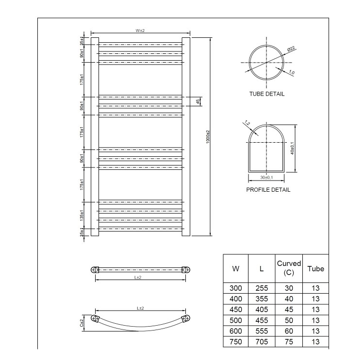 Curved Chrome Bathroom Towel Radiator - 500 x 1000mm