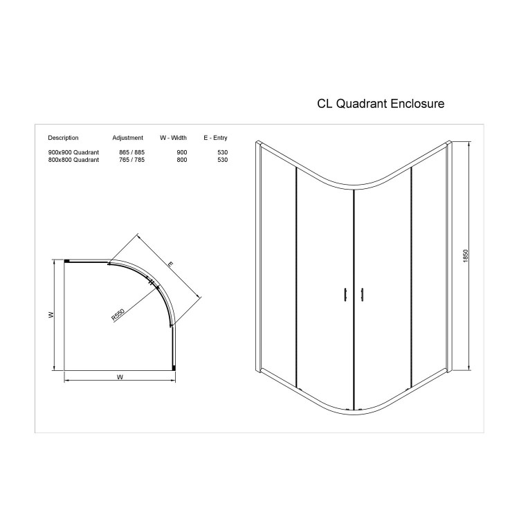 Double Door Quadrant Shower Screen Enclosure 900 x 900mm - 4mm Glass - Claritas Range