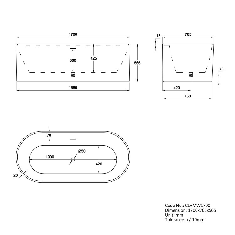 Matt White Freestanding Double Ended Bath with Ledge 1700 x 765mm - Clara