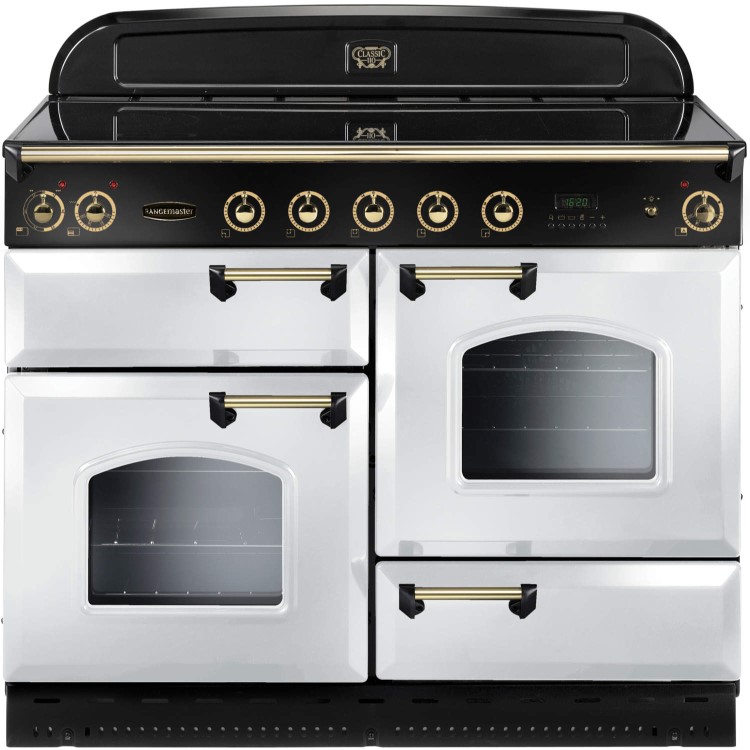 Rangemaster 68250 Classic 110cm Electric Range Cooker With Ceramic Hob - White And Brass