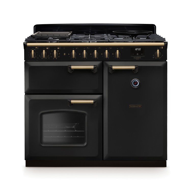 Rangemaster Classic Deluxe 100cm Dual Fuel Range Cooker - Charcoal Black & Brass