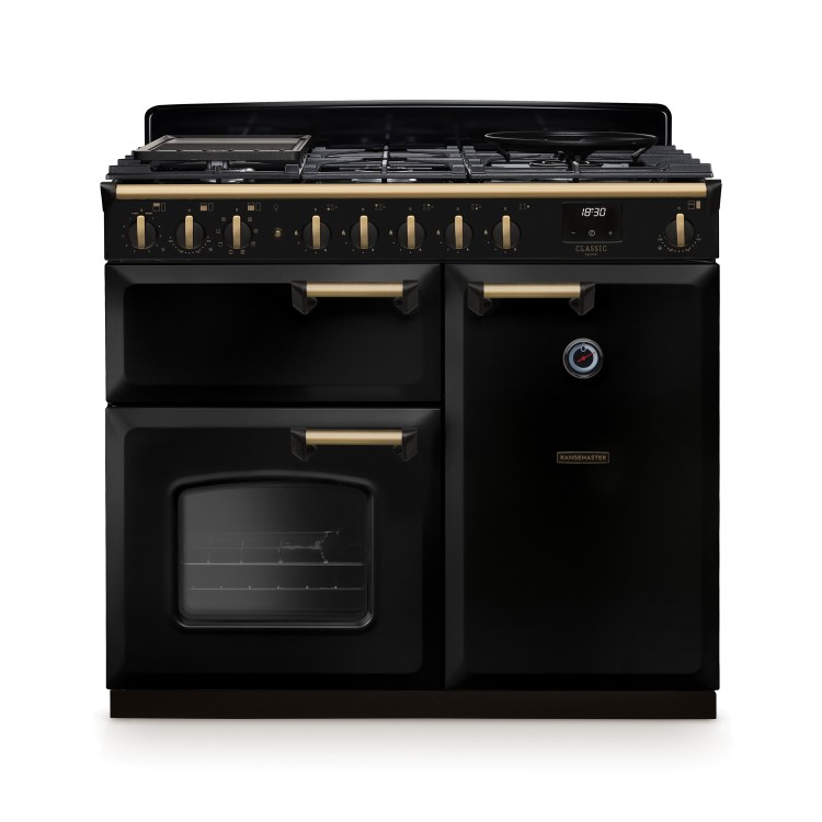 Rangemaster Classic Deluxe 100cm Dual Fuel Range Cooker - Gloss Black & Brass