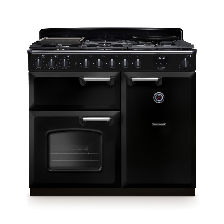 Rangemaster Classic Deluxe 100cm Dual Fuel Range Cooker - Gloss Black & Chrome