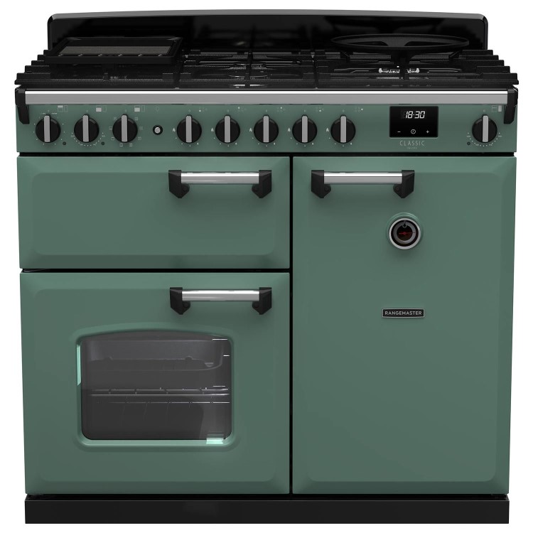 Rangemaster Classic Deluxe 100cm Dual Fuel Range Cooker - Mineral Green & Chrome