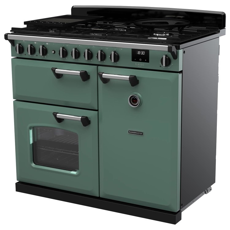 Rangemaster Classic Deluxe 100cm Dual Fuel Range Cooker - Mineral Green & Chrome