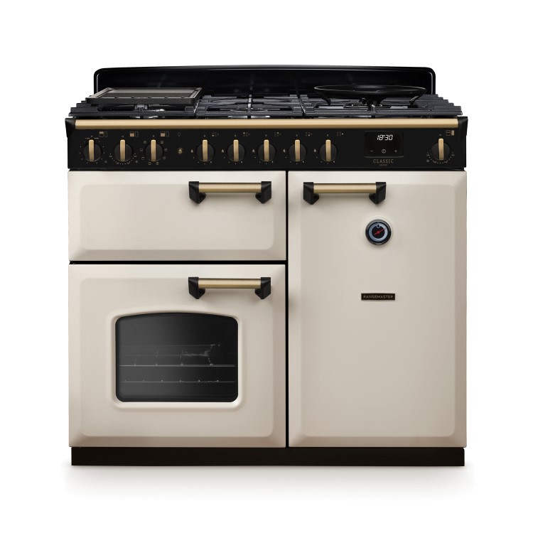 Rangemaster Classic Deluxe 100cm Dual Fuel Range Cooker - Pale Cream & Brass