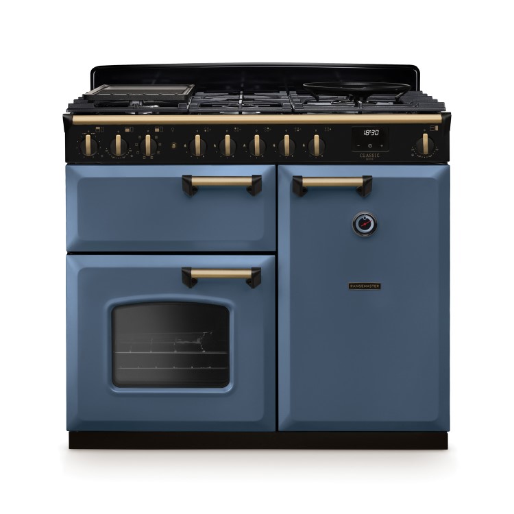 Rangemaster Classic Deluxe 100cm Dual Fuel Range Cooker - Stone Blue & Brass