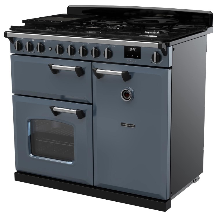 Rangemaster Classic Deluxe 100cm Dual Fuel Range Cooker - Stone Blue & Chrome