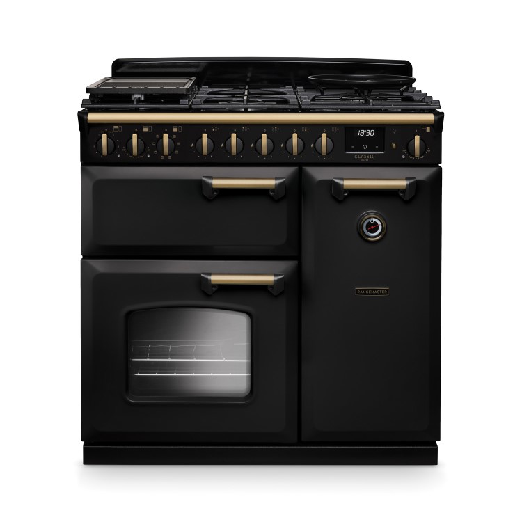 Rangemaster Classic Deluxe 90cm Dual Fuel Range Cooker - Gloss Black & Brass