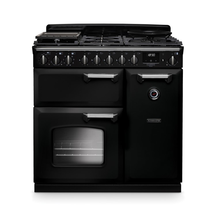 Rangemaster Classic Deluxe 90cm Dual Fuel Range Cooker - Gloss Black & Chrome