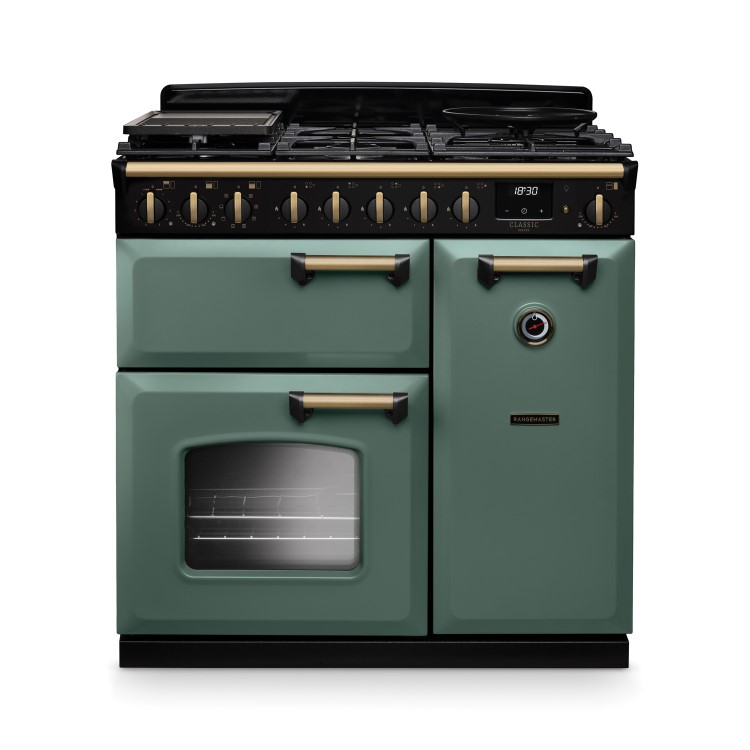 Rangemaster Classic Deluxe 90cm Dual Fuel Range Cooker - Mineral Green & Brass
