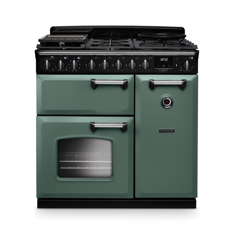 Rangemaster Classic Deluxe 90cm Dual Fuel Range Cooker - Mineral Green & Chrome