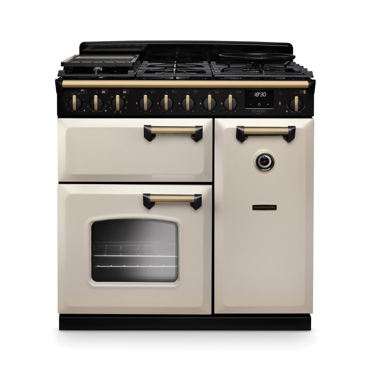 Rangemaster Classic Deluxe 90cm Dual Fuel Range Cooker - Pale Cream & Brass