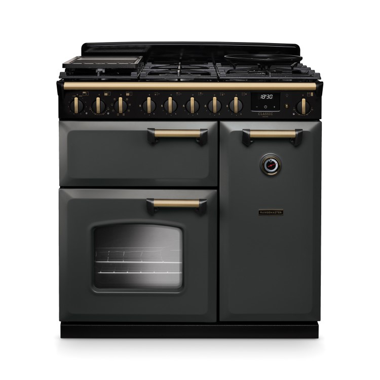 Rangemaster Classic Deluxe 90cm Dual Fuel Range Cooker - Slate & Brass