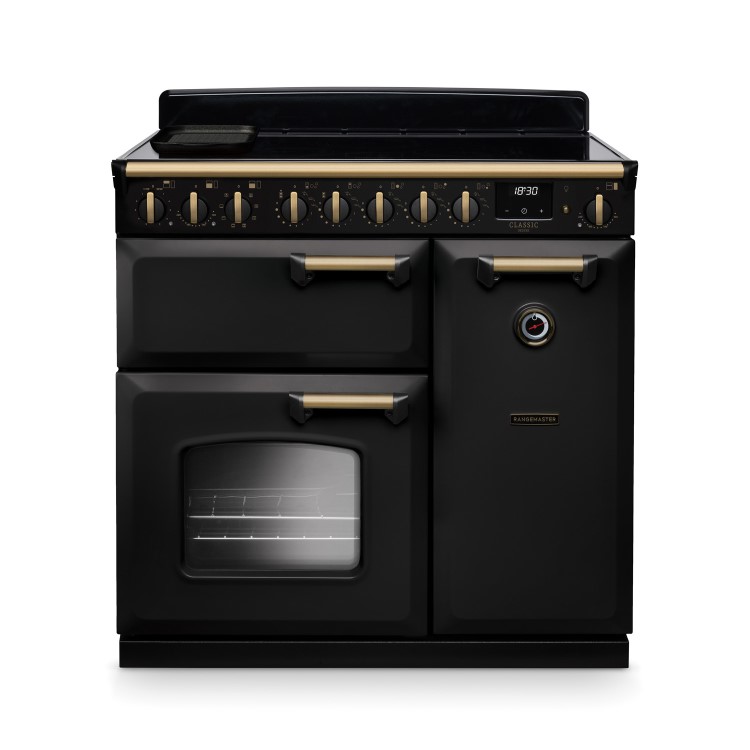Rangemaster Classic Deluxe 90cm Dual Fuel Range Cooker - Charcoal Black & Brass