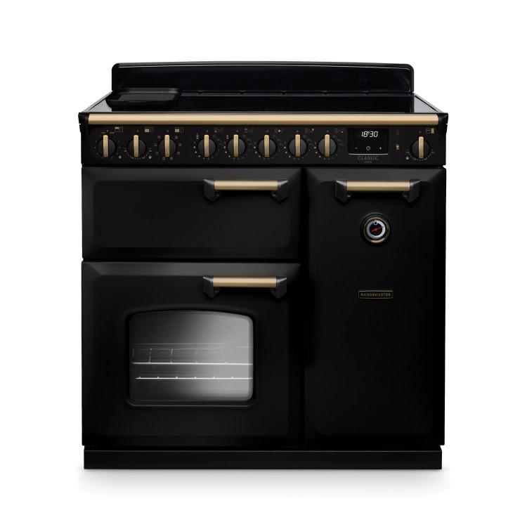 Rangemaster Classic Deluxe 90cm Dual Fuel Range Cooker - Gloss Black & Brass