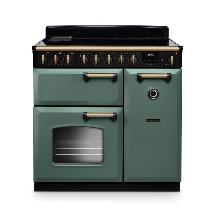 Rangemaster Classic Deluxe 90cm Dual Fuel Range Cooker - Mineral Green & Brass