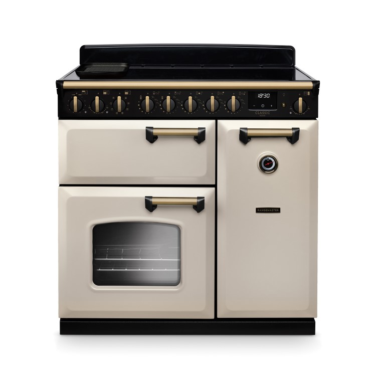 Rangemaster Classic Deluxe 90cm Dual Fuel Range Cooker - Pale Cream & Brass