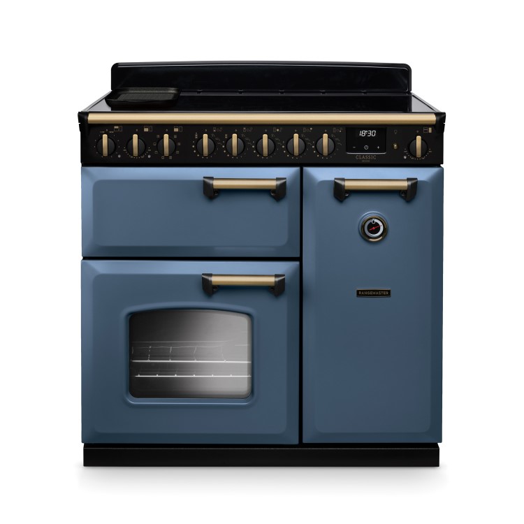 Rangemaster Classic Deluxe 90cm Dual Fuel Range Cooker - Stone Blue & Brass