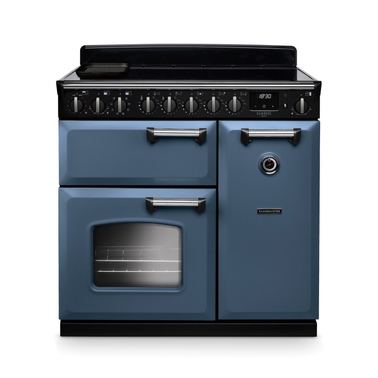 Rangemaster Classic Deluxe 90cm Dual Fuel Range Cooker - Stone Blue & Chrome