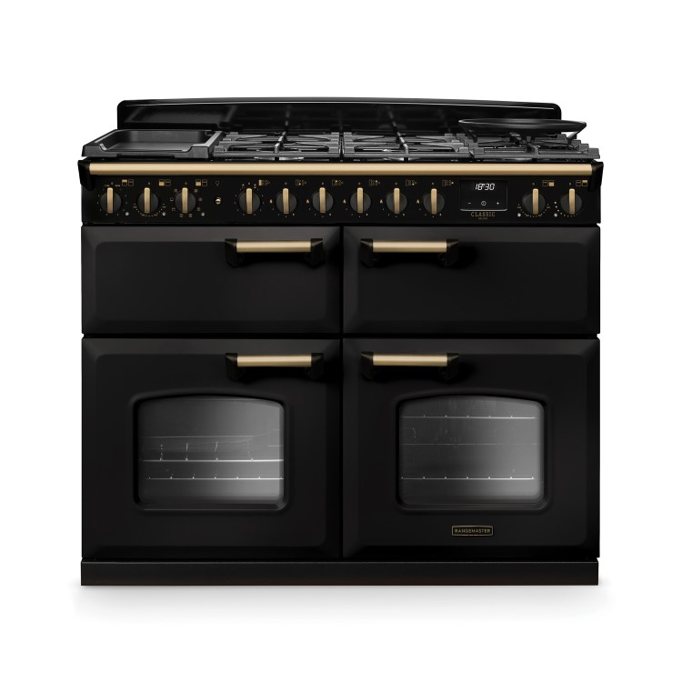Rangemaster Classic Deluxe 110cm Base Cavity Dual Fuel Range Cooker - Charcoal Black & Brass