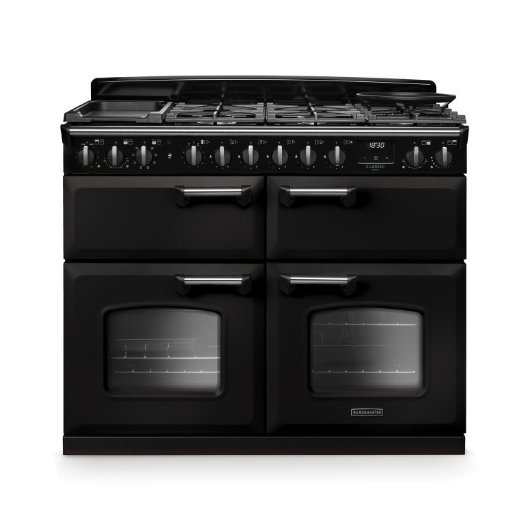 Rangemaster Classic Deluxe 110cm Base Cavity Dual Fuel Range Cooker - Charcoal Black & Chrome
