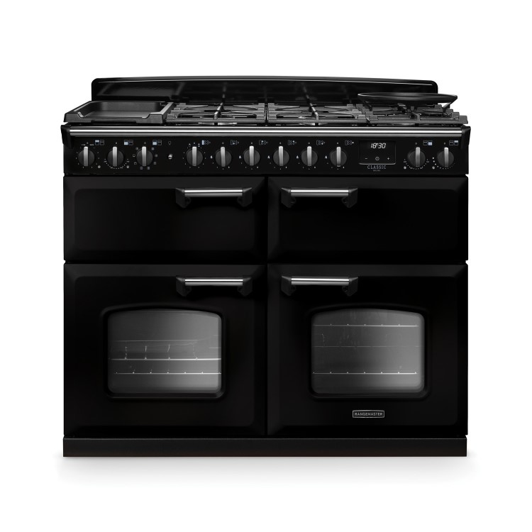 Rangemaster Classic Deluxe 110cm Base Cavity Dual Fuel Range Cooker - Gloss Black & Chrome