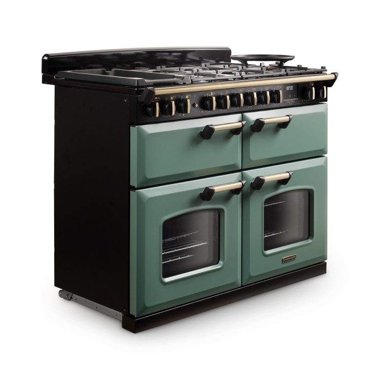 Rangemaster Classic Deluxe 110cm Base Cavity Dual Fuel Range Cooker - Mineral Green & Brass
