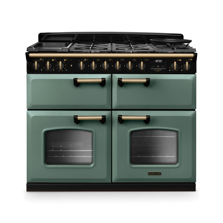 Rangemaster Classic Deluxe 110cm Base Cavity Dual Fuel Range Cooker - Mineral Green & Brass