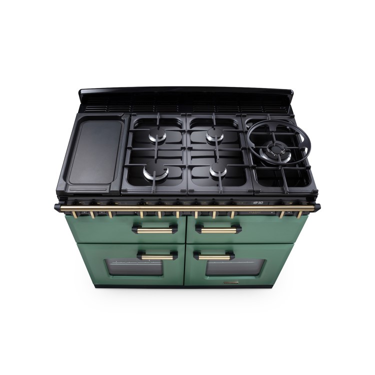 Rangemaster Classic Deluxe 110cm Base Cavity Dual Fuel Range Cooker - Mineral Green & Brass
