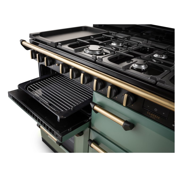 Rangemaster Classic Deluxe 110cm Base Cavity Dual Fuel Range Cooker - Mineral Green & Brass