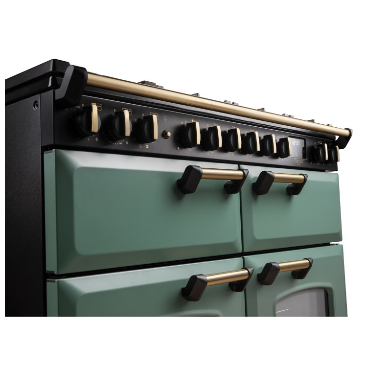 Rangemaster Classic Deluxe 110cm Base Cavity Dual Fuel Range Cooker - Mineral Green & Brass