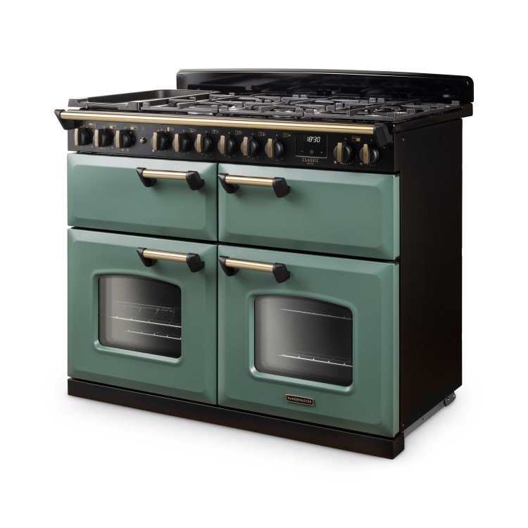 Rangemaster Classic Deluxe 110cm Base Cavity Dual Fuel Range Cooker - Mineral Green & Brass