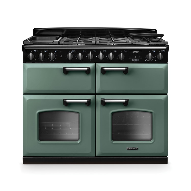 Rangemaster Classic Deluxe 110cm Base Cavity Dual Fuel Range Cooker - Mineral Green & Chrome