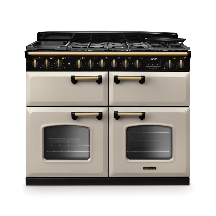 Rangemaster Classic Deluxe 110cm Base Cavity Dual Fuel Range Cooker - Pale Cream & Brass