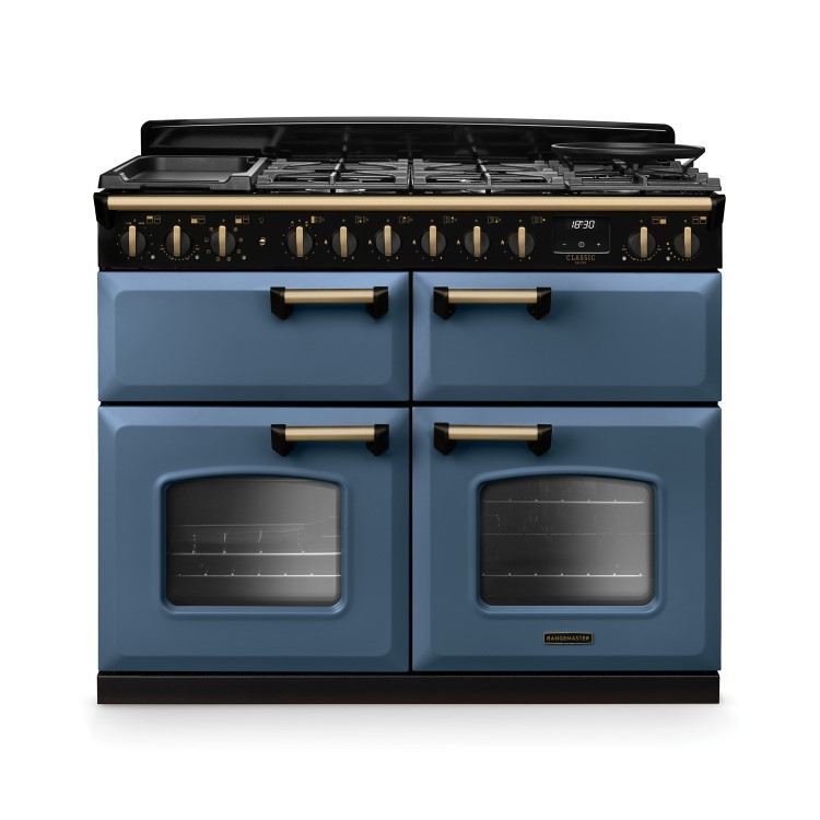Rangemaster Classic Deluxe 110cm Base Cavity Dual Fuel Range Cooker - Stone Blue & Brass
