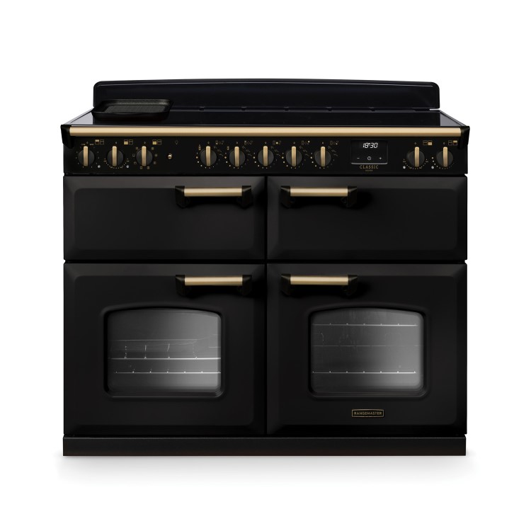 Rangemaster Classic Deluxe 110cm Base Cavity Induction Range Cooker - Charcoal Black & Brass