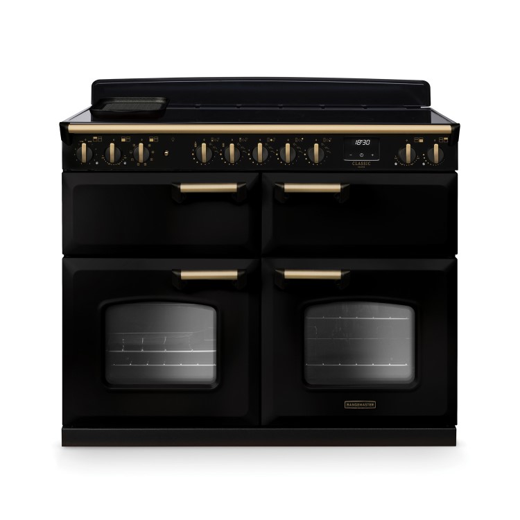 Rangemaster Classic Deluxe 110cm Base Cavity Induction Range Cooker - Gloss Black & Brass