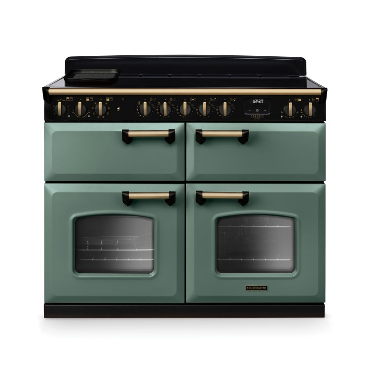 Rangemaster Classic Deluxe 110cm Base Cavity Induction Range Cooker - Mineral Green & Brass