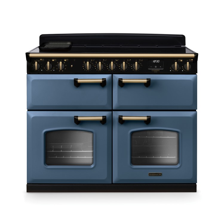 Rangemaster Classic Deluxe 110cm Base Cavity Induction Range Cooker - Stone Blue & Brass