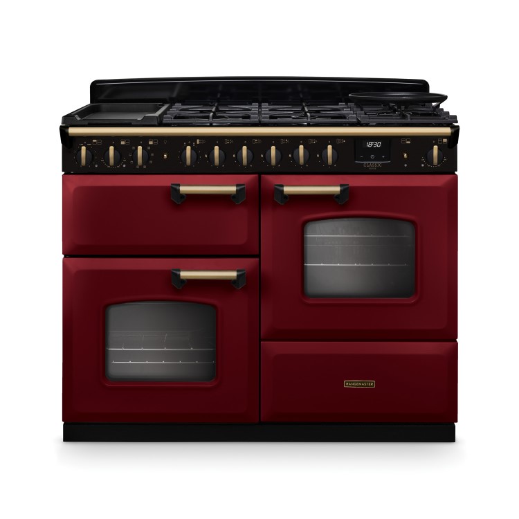 Rangemaster Classic Deluxe 110cm Dual Fuel Range Cooker - Bordeaux & Brass